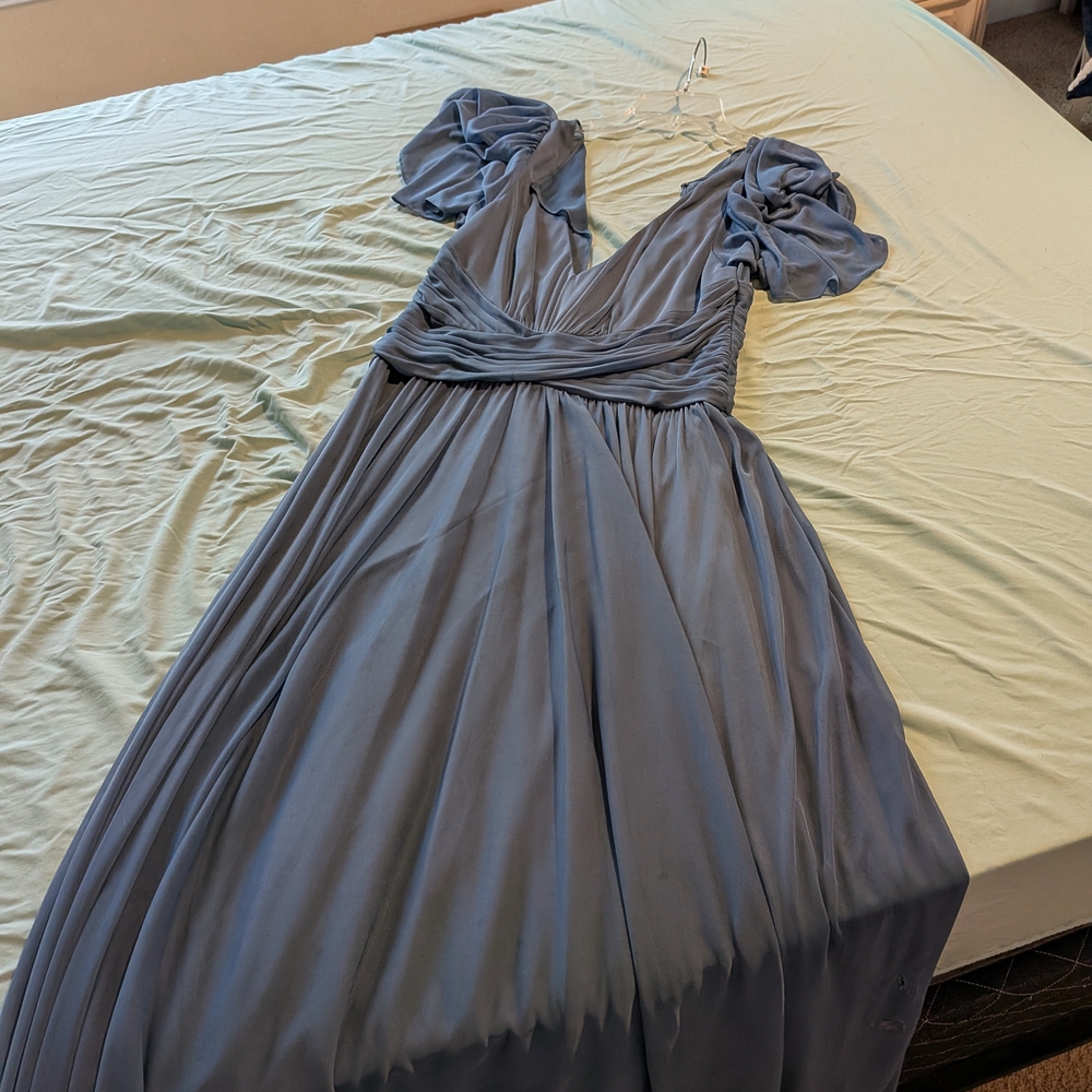 David's Bridal Blue Maxi Dress with Puff Sleeves